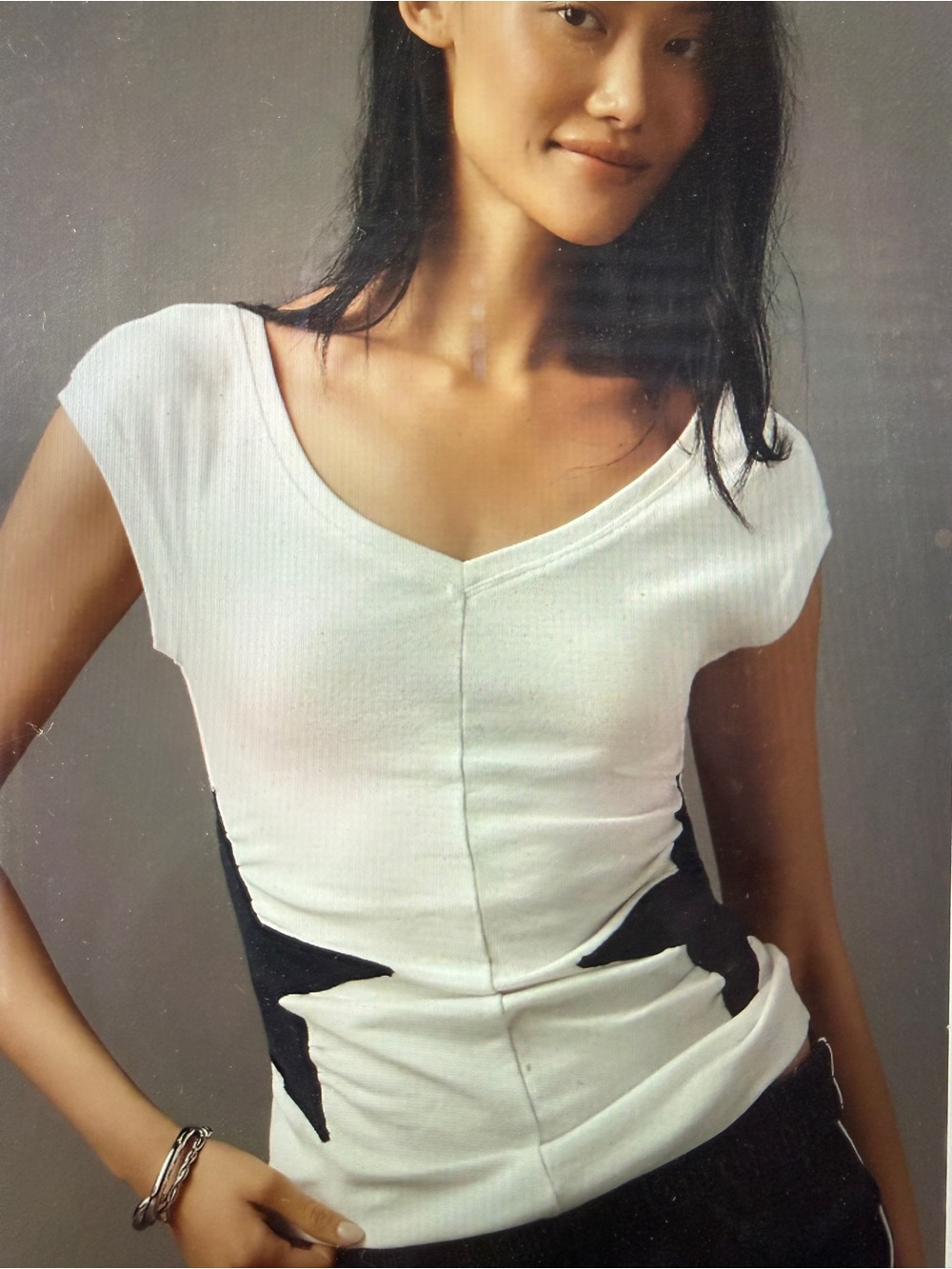 NWT Maeve Short Sleeve V-Neck Star Detail White Navy Graphic Cap Sleeve Size S